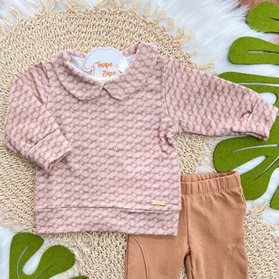 Conj. Blusa Manga Loga com Estampa Pied-de-Poule e Calça Legging - Rose